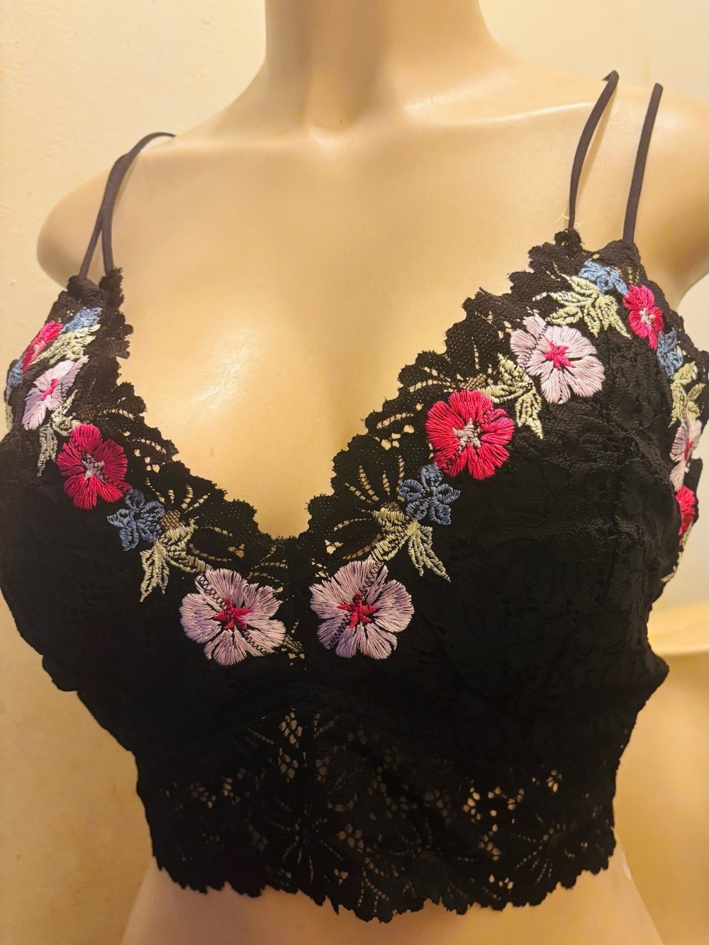 Victoria's Secret Black Lace Bralette with Multicolor Floral Embroidery